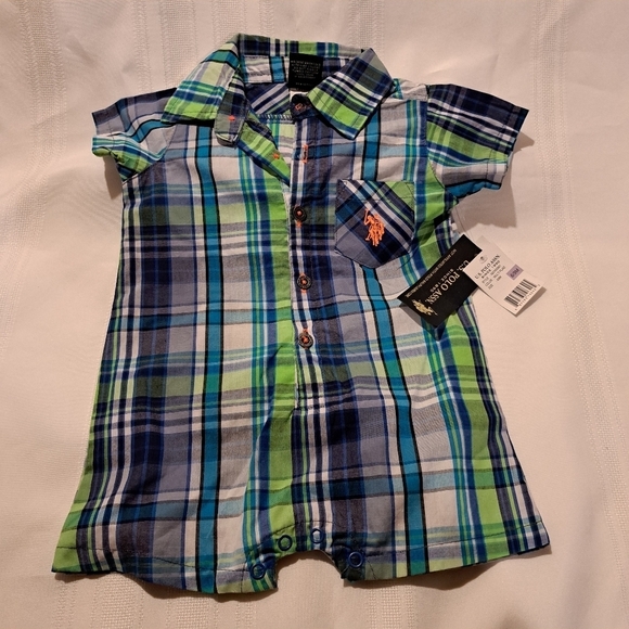 U S POLO ASSN 6-9 months plaid romper New - Picture 1 of 4